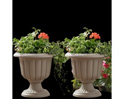 1+1 Sierlijke taupe bloempot - rond op voet - hoge mokka sierpot - bloempotten voor binnen en buiten
