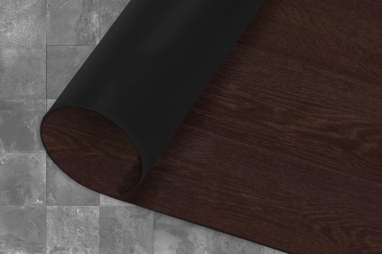 Tapis de cuisine brun foncé à motif bois de feuillus, avec dessous antidérapant, sur un sol carrelé gris.