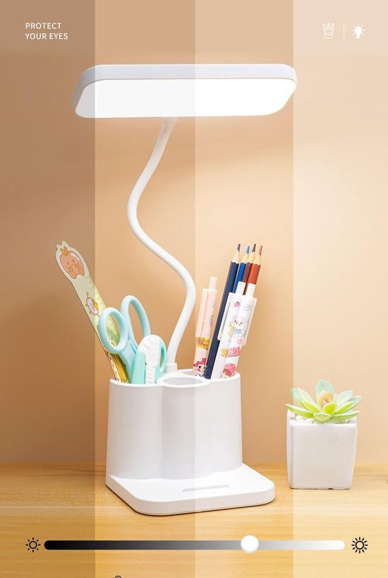 Tafellamp - Bureaulamp - LED lamp - Nachtlampje volwassenen - Nachtlampje kind - studielamp - leeslamp - oplaadbaar - op netstroom - 3 kleurtemperaturen - dimbaar 0-100% - honingraat lens - anti-blauw licht - flikkervrij - penhouder - wit — afbeelding 3