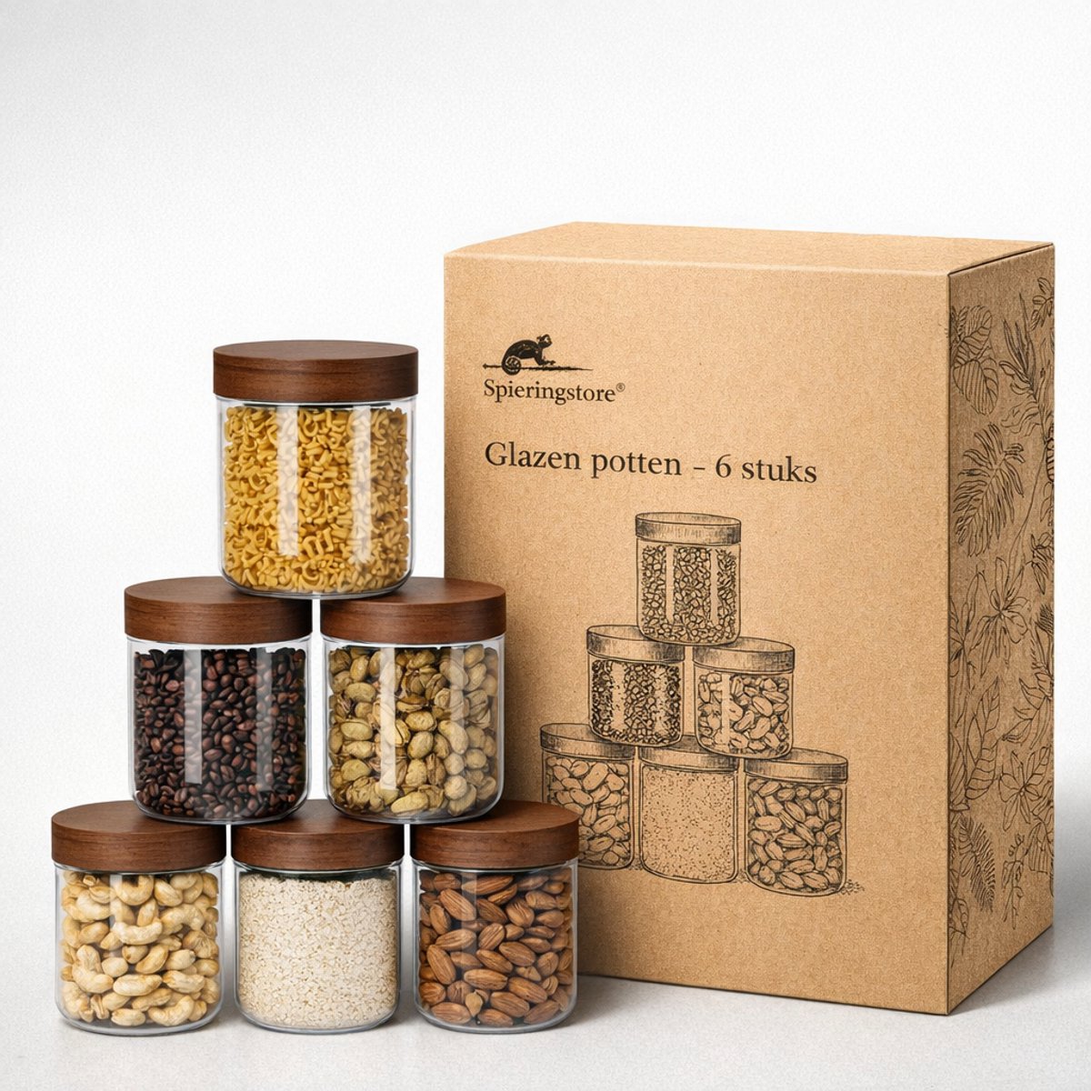 Voorraadpotten Glas 6 Delig - 15 CM hoog - 10cm Ø - Met Acacia Houten Deksel - Luchtdicht - Keuken Voorraadpot Set