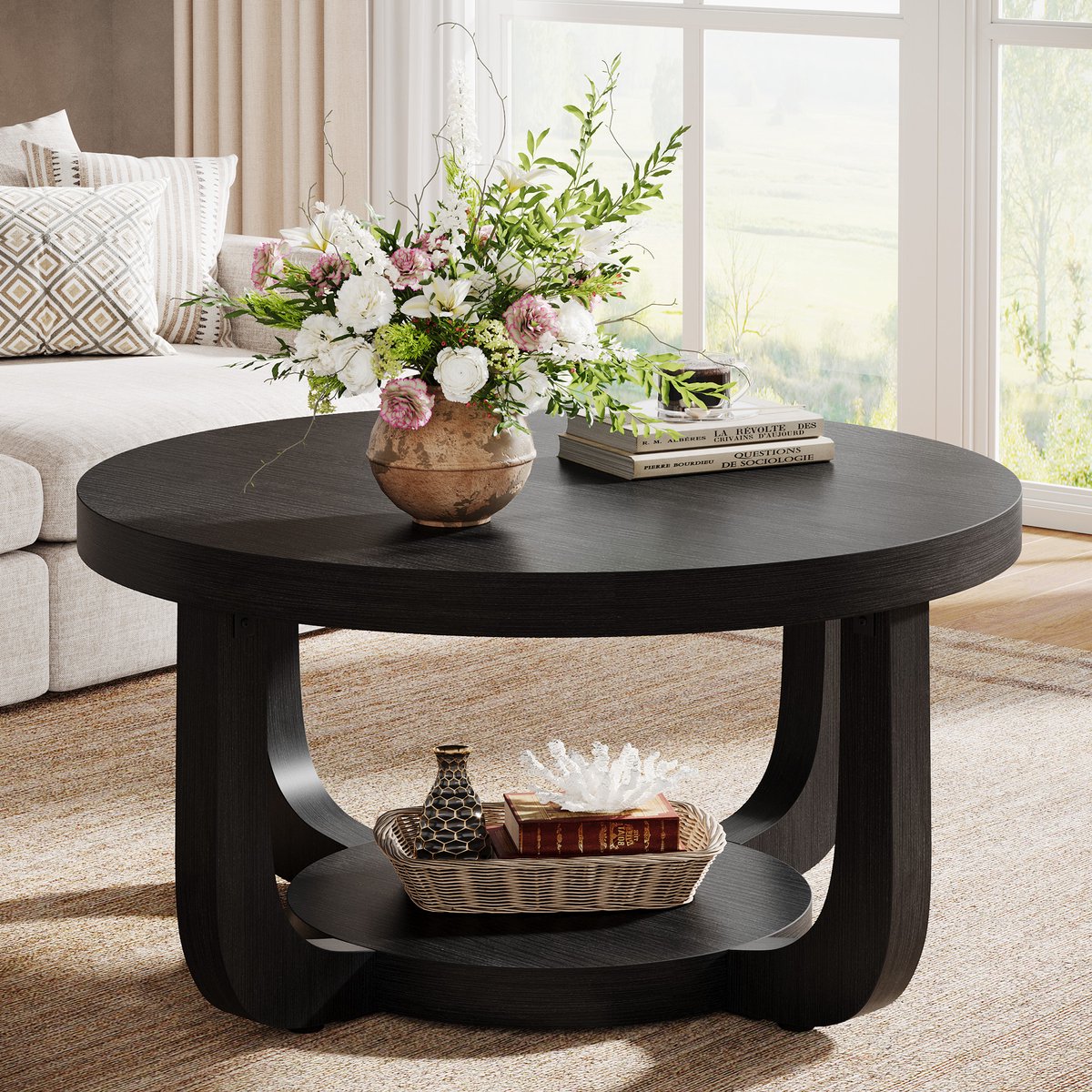 Tribesigns Ronde Salontafel - 80 x 80 x 45 cm - 2-Laags Salontafel met Opbergplank - Bijzettafel Zwart - Tafel - Sidetable voor Woonkamer, Thuiskantoor