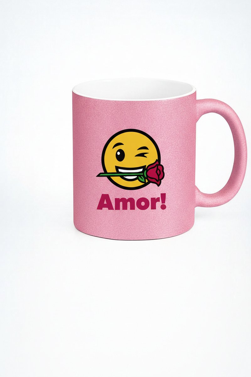 Roze Glitter Mok met Liefdes Emoji & Roos - 'Amor!' Valentijn Cadeau