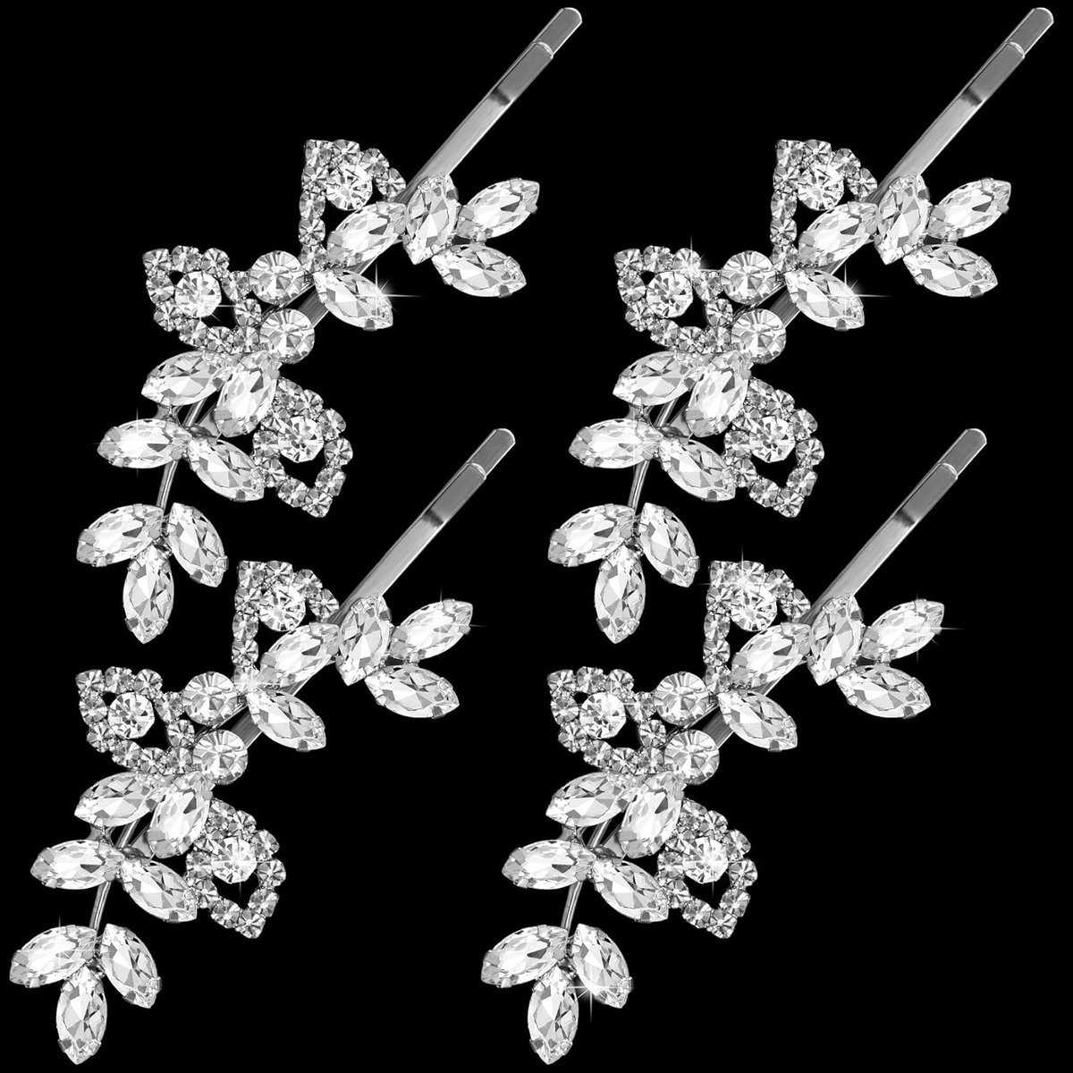 Set van 4 Zilveren Strass Haarclips met Bladvorm - Bruidshaarsieraden voor Feesten