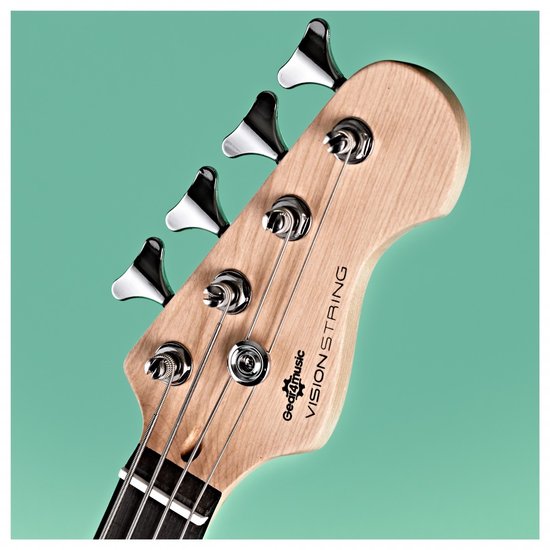 Kop van een rode basgitaar met houten afwerking en vier zilveren stemmechanieken.