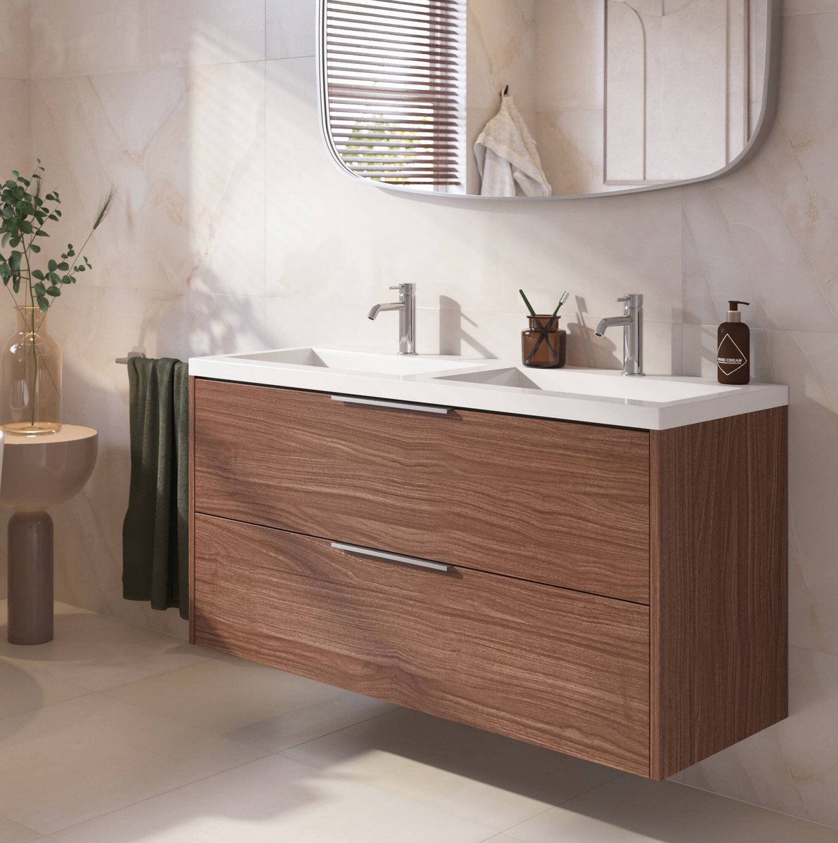 Saqu Lima badmeubel incl. dubbele glans witte wastafel 120x46x64cm noten urban – chromen greep