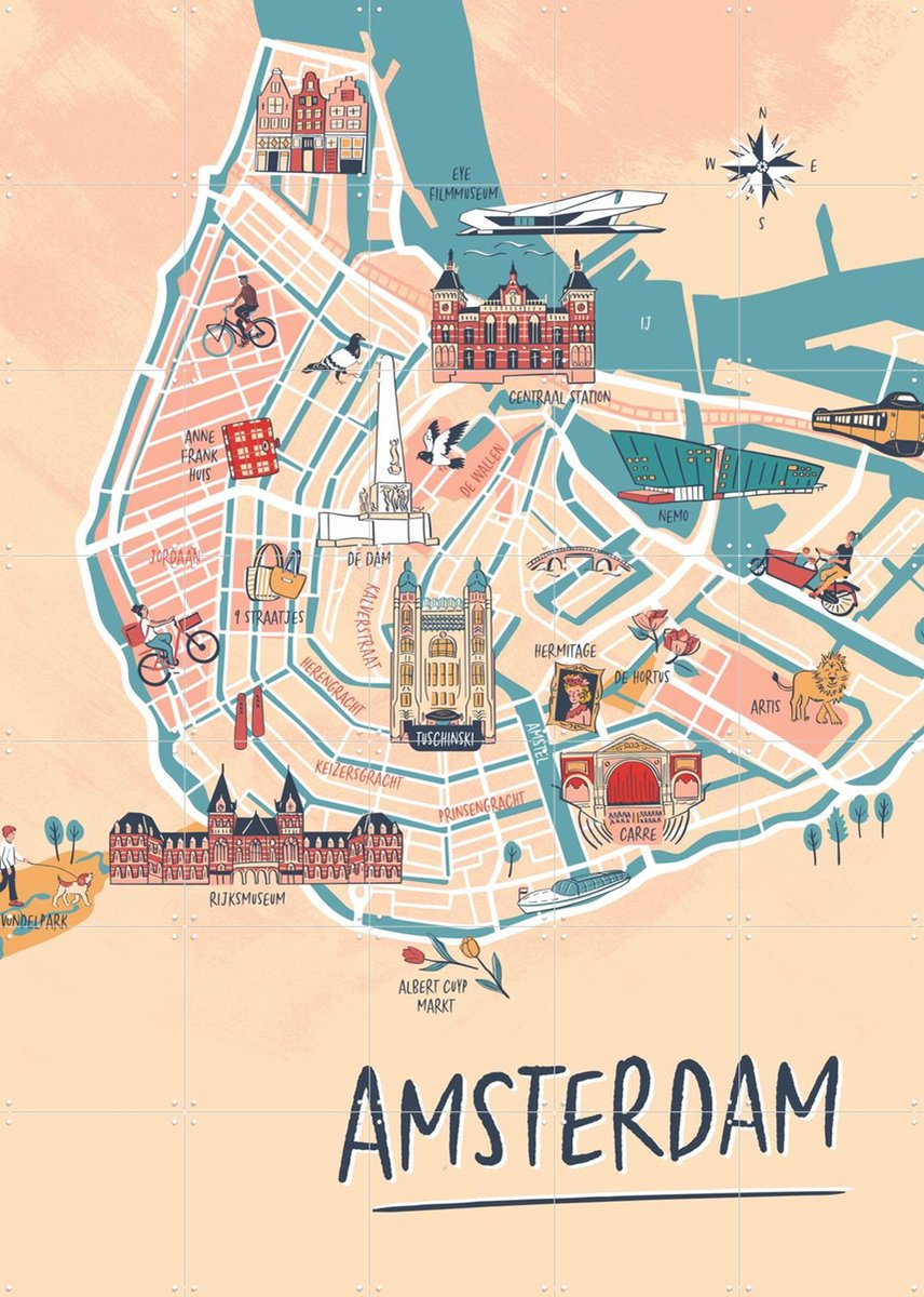 IXXI Amsterdam Illustration, Revista Ontwerp & Kunst in Kaart - 100 x 140 cm - Gratis ophangtool - Grote wanddecoratie en posters - Speels, Digitale