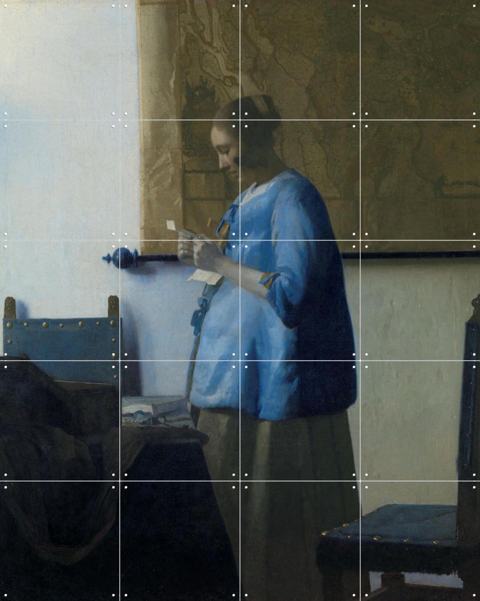 IXXI Brieflezende vrouw in het blauw, Johannes Vermeer & Rijksmuseum - 80 x 100 cm - Gratis ophangtool - Grote wanddecoratie en posters - Olieverf
