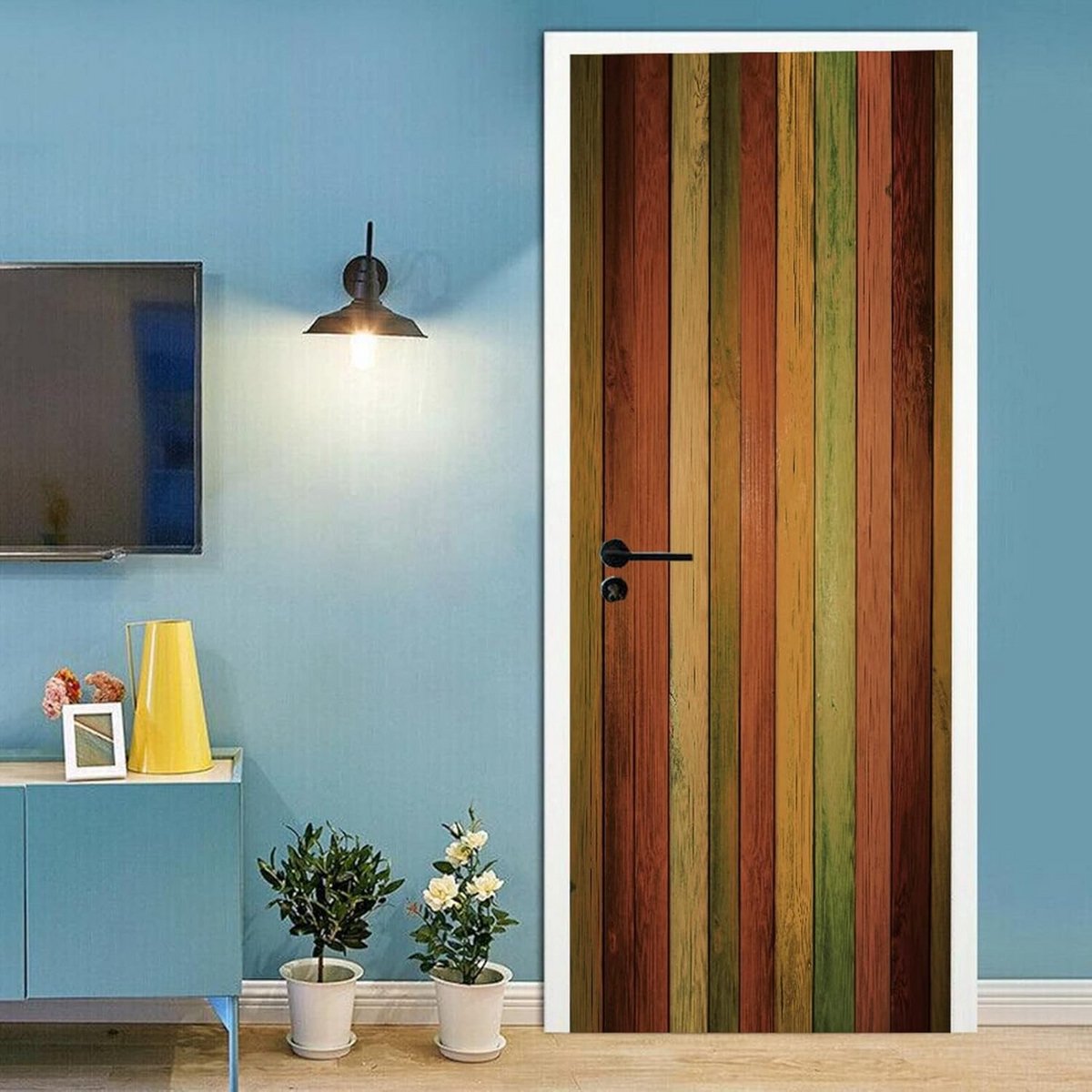 XXL Deurposter Kleurrijke Houten Planken - Zelfklevend Vinyl Muurdecoratie voor Binnendeur
