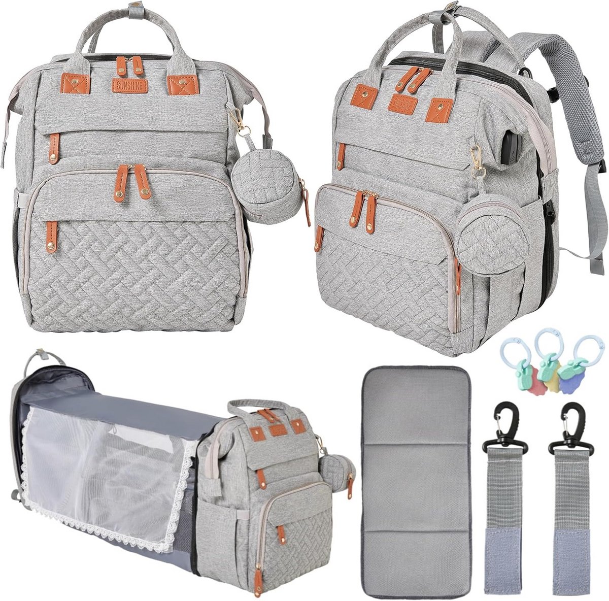 Inklapbare Luiertas Rugzak met Verschoonstation en Oplaadpoort - Waterdichte Unisex Babytas