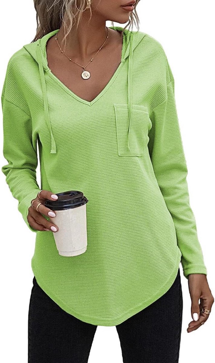 Dames Hoodie Trui met V-Hals en Trekkoord Lange Mouwen Casual Effen