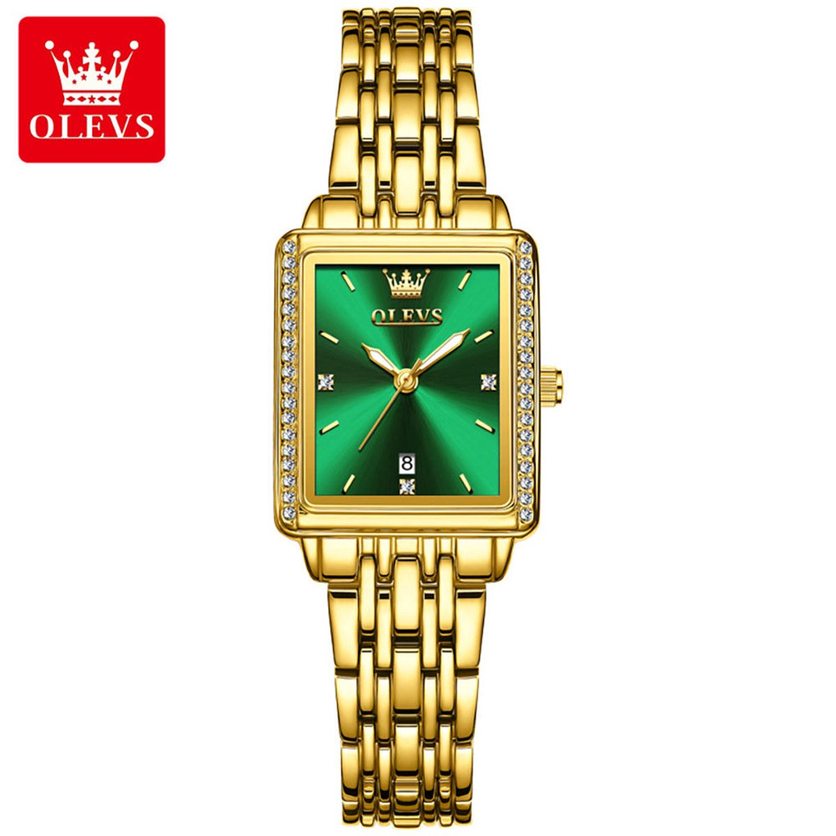 HO-9995.gr : OLEVS Dames retro goudkleurig edelstalen quartz horloge, groene wijzerplaat, kalenderdag