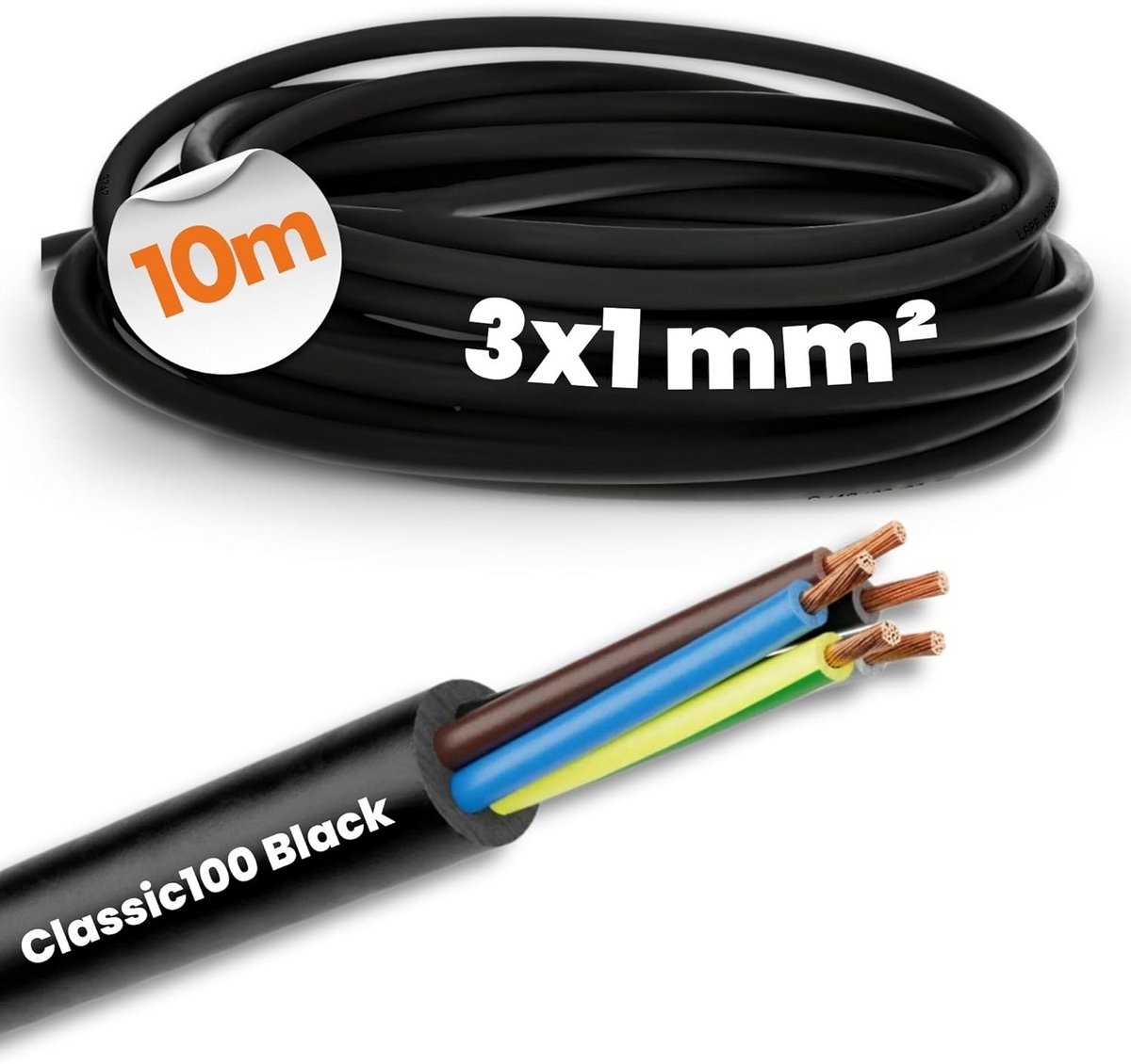 Zwarte 3-aderige installatiekabel 10 meter 3x1mm² voor Buiten en Binnen