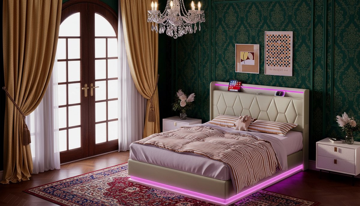 Bedframe 160x200 met LED-verlichting – Casa Velluto Lumina Luxe 2-persoons Bed – Wit Fluweel – Metalen Frame – Houten Lattenbodem – Modern Design – Opbergruimte – Queen Size