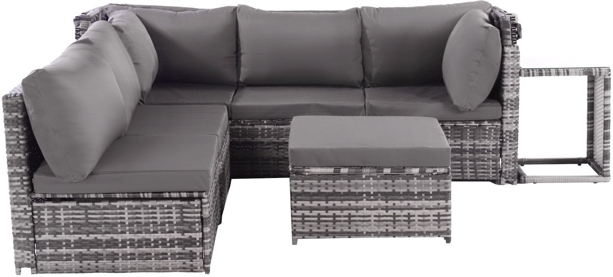 Tuinlounge-set - Rieten zonneschijn eiland zitgroep, bank met zonnedak, kruk, fauteuils en tafel, buitenmeubelen voor tuin, loungemeubelen voor balkon en tuin, terrasmeubelen, weerbestendig - grijs