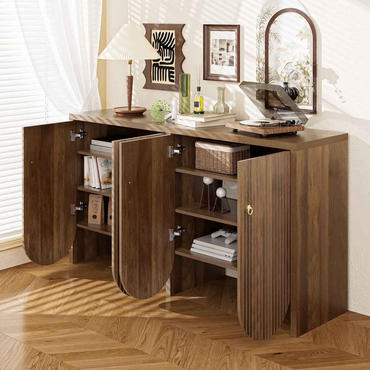 HAUSS SPOLE Dressoir - 4 Deuren Met Verstelbare Legplanken - Opbergkast Voor Woonkamer Eetkamer Hal - MDF - Walnootlook - 147x40x80 Cm