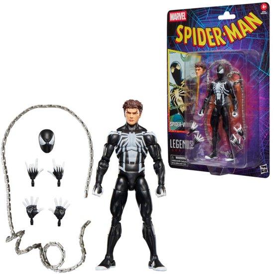 Figurine Spider-Man aux cheveux bruns et chaîne séparée, avec version emballée.