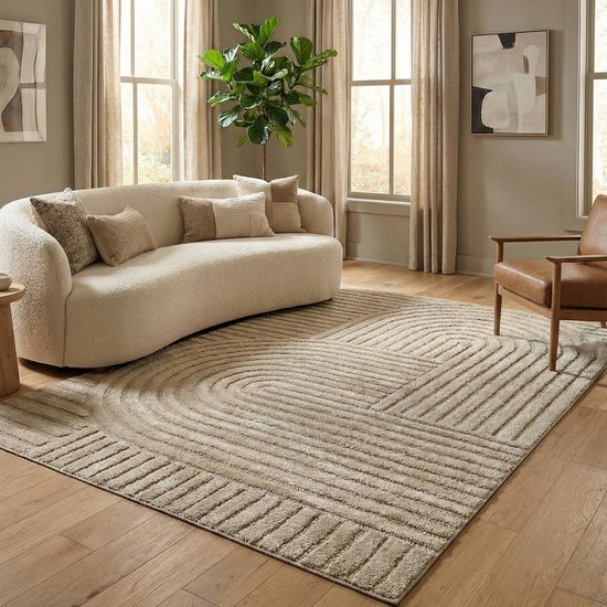Tapis Flycarpets Skadi Curve , style japonais et scandinave - Beige - Tapis de couloir à poils courts - 80 x 150 cm