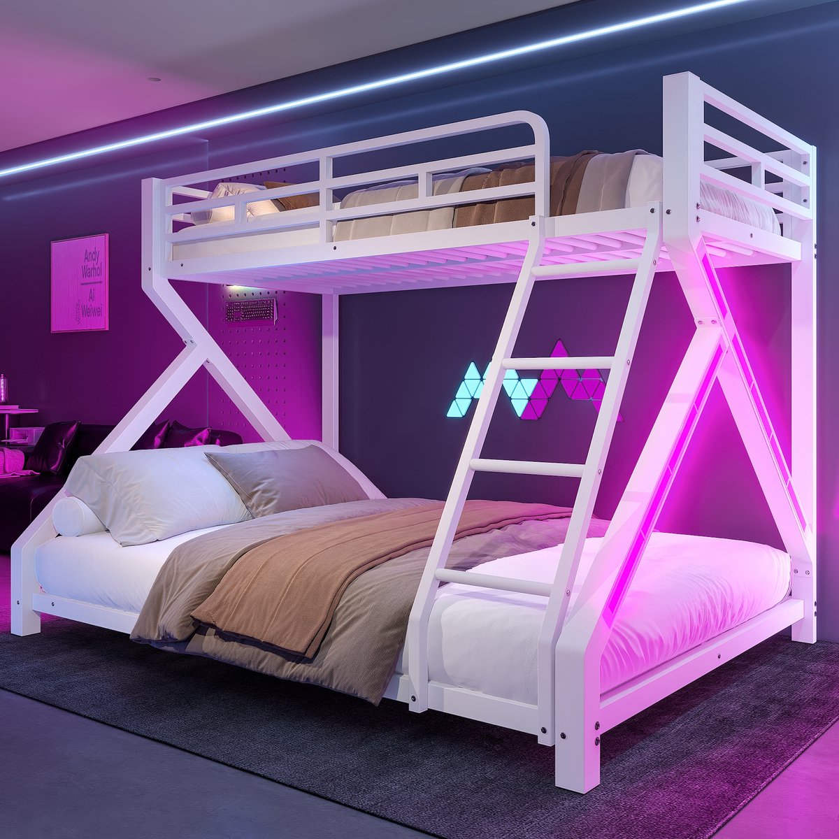 HAUSS SPOLE Stapelbed 90x200cm 140x200cm - Met Led Verlichting En Veiligheidshek - Met Ladder - Zonder Matras - Metaal - Wit