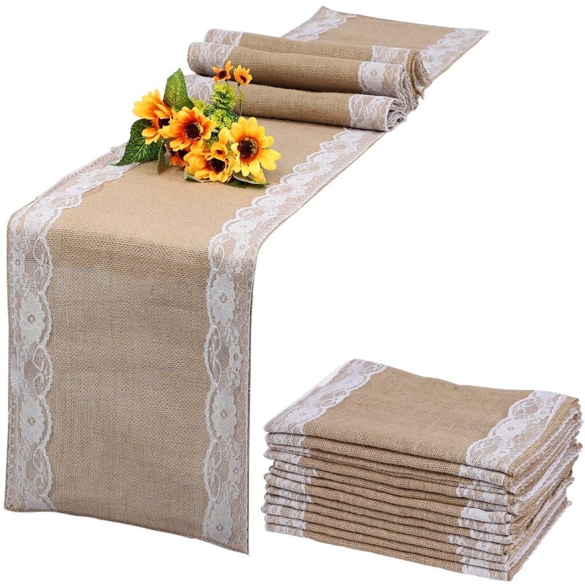 Gigicial Jute Tafelloper - Bruiloftsloper - Vintage Jute-look Met Modern Wit Kant / Geschikt Voor Tafels / 12 Stuks - Gezinsgebruik En Bruiloft Geelbruin