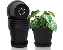 Ynkkvre -Bloempot met Schotel, Plantenpot voor Bloemen - 6-Pak zwart Plastic Binnenplanten Potten - 14.5 cm Potten met Drainage Gaten en Trays/Schotels - Decoratieve Plantenpotten voor Huisplanten Vetplanten
