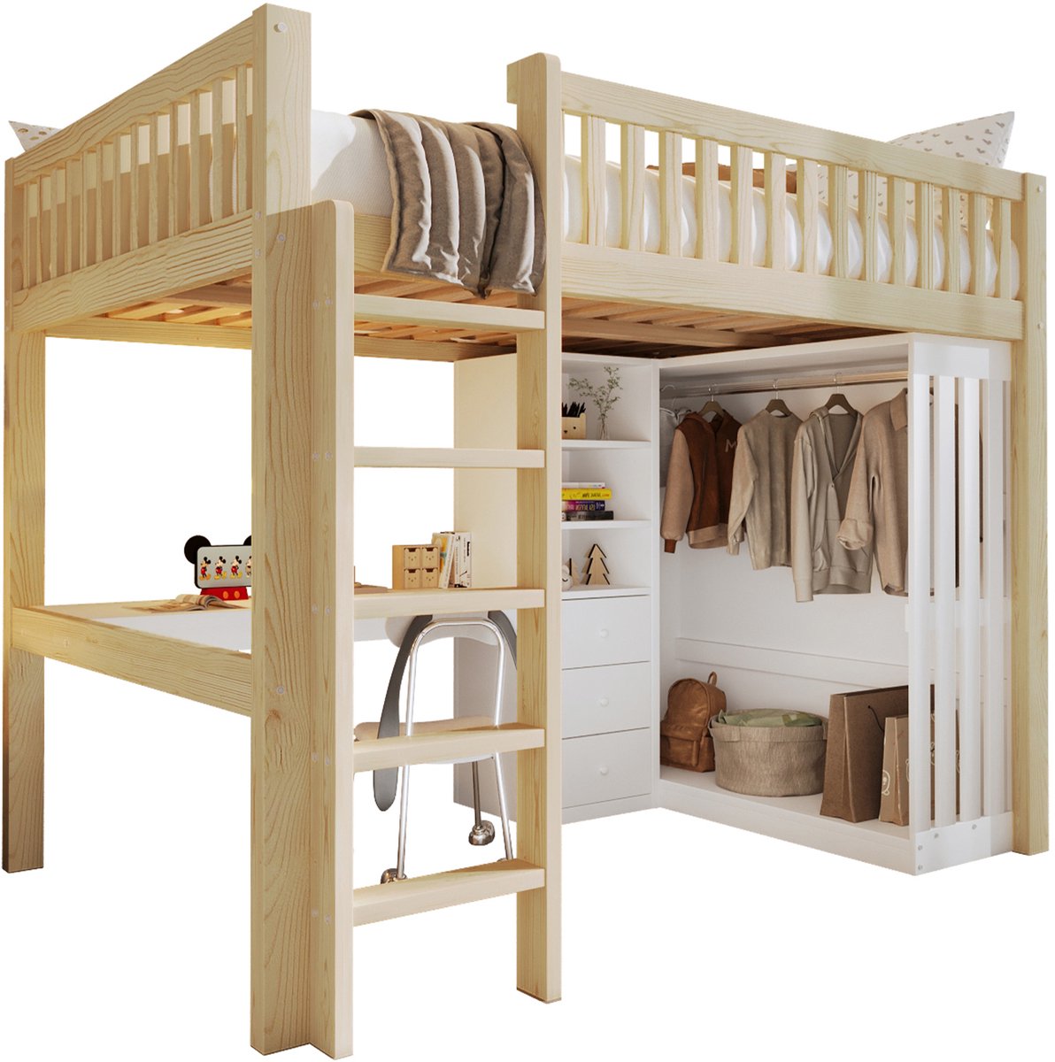 REDOM Hoogslaper – Met bureau & kledingkast – 3 lades & open opbergruimte – Met trap & veiligheidshek – Grenen – Naturel – 140 x 200 cm Natuurlijk