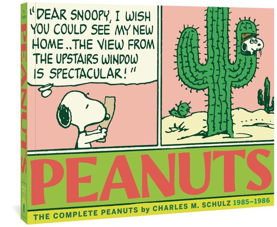 Stripboek met een roze achtergrond, Snoopy schrijft een brief en kijkt uit een cactusraam. Tekst: THE COMPLETE PEANUTS.