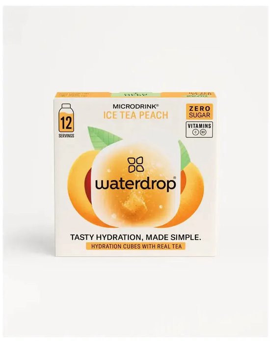 Doosje waterdrop Ice Tea Peach Microdrink met 12 servings. Zonder suiker en met vitamines.
