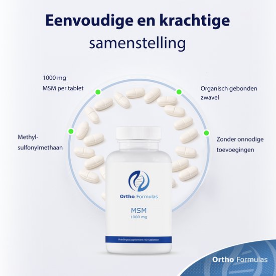 Ortho Formulas MSM 1000 mg supplement. 90 tabletten in een pot, omringd door losse tabletten en tekst die de voordelen beschrijft.