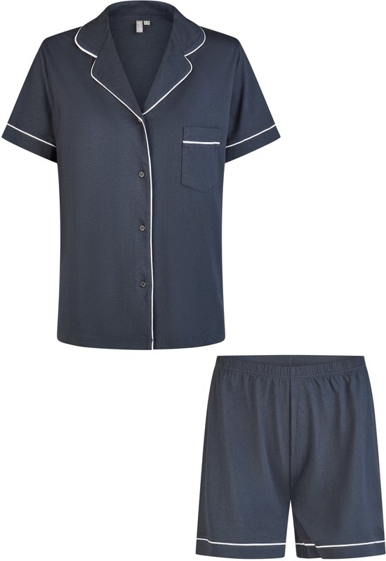 By Louise Dames Korte Pyjama Set Modal Shortama Met Knoopsluiting Donkerblauw - Maat L