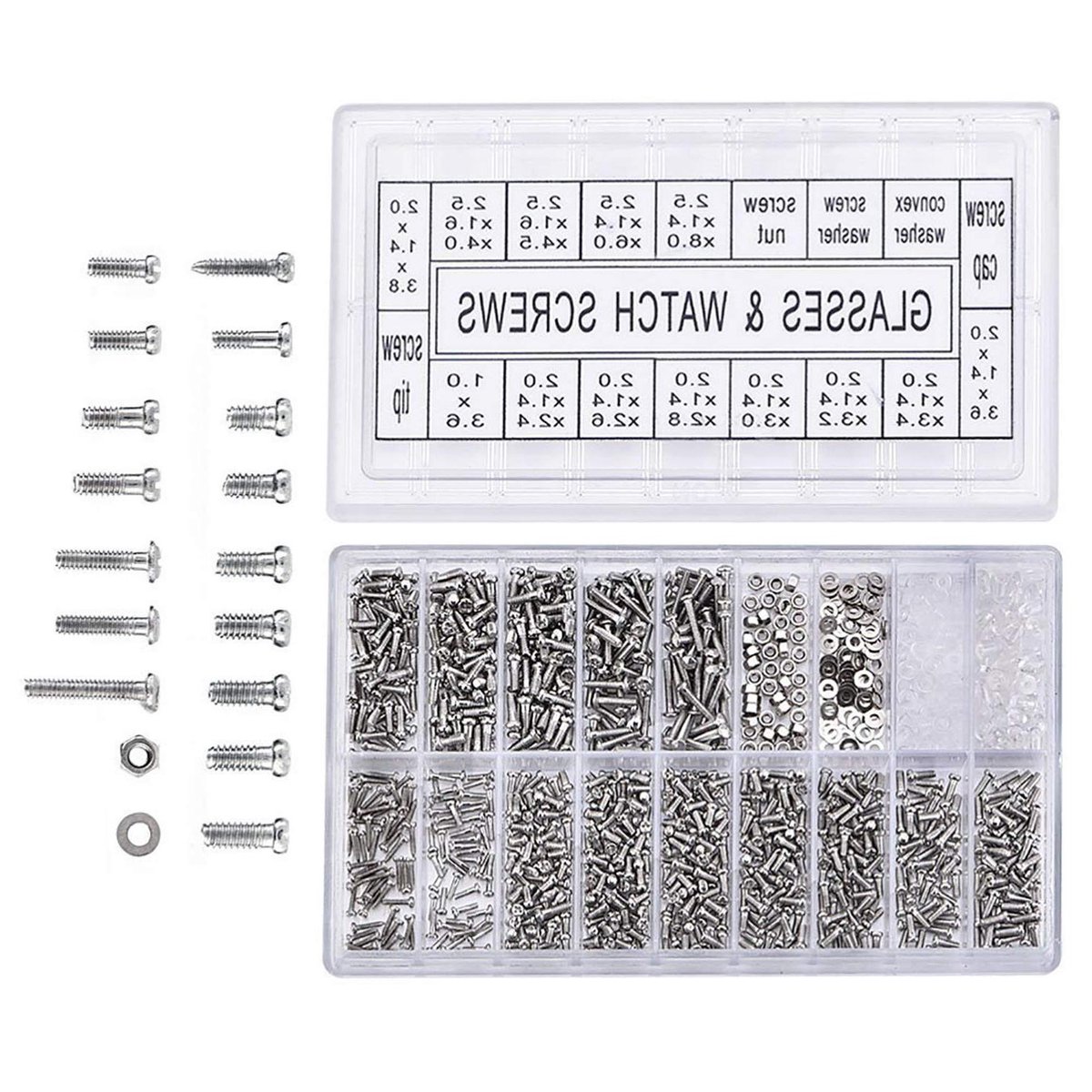 Roestvrijstalen schroeven assortiment - reparatieset voor brillen, zonnebrillen, horloges en gereedschap - 1000 stuks.