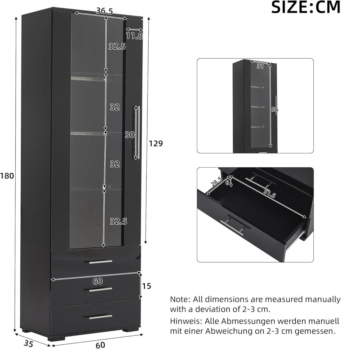 Vitrinekast – Casa Velluto LED Glazen Vitrine Hoogglans zwart met Deuren en 3 Lades – Boekenkast, Keukenkast en Multifunctionele Kast voor Woonkamer, Slaapkamer of Kantoor – 180 cm Hoog