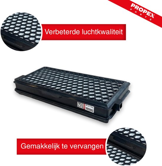 Propex Parts stofzuigerfilter met een zwart frame en een wit honingraatpatroon. Verbeterde luchtkwaliteit en eenvoudig te vervangen.