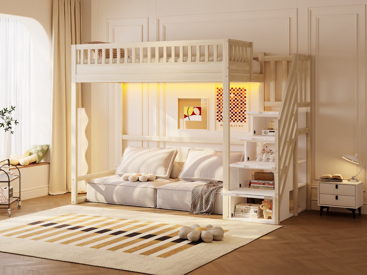Zubaliya Houten Hoogslaper 90x200 cm Naturel Met LED-verlichting, Opbergruimte, Valbeveiliging