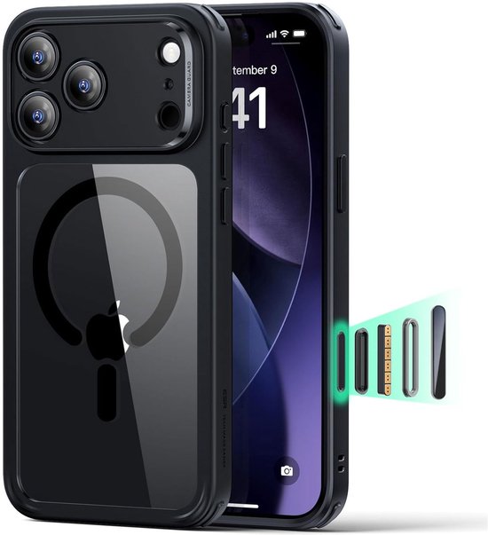 Zwarte iPhone 14 Pro hoes met MagSafe-ring en 'Camera Control', naast een telefoon met een opengeklapte hoes die magnetische laders toont.