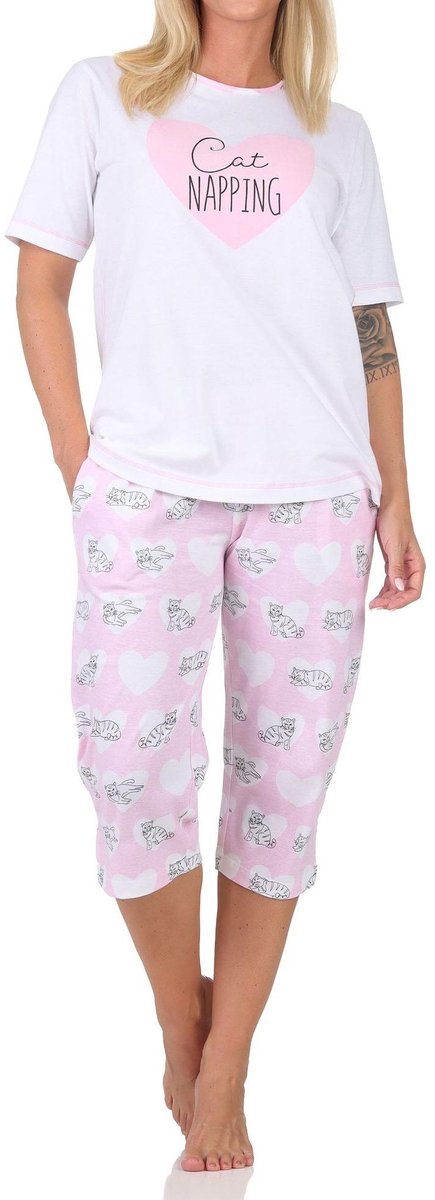 Normann dames pyjama met korte mouwen en capribroek pyjama met hart- en kattenmotief rosa