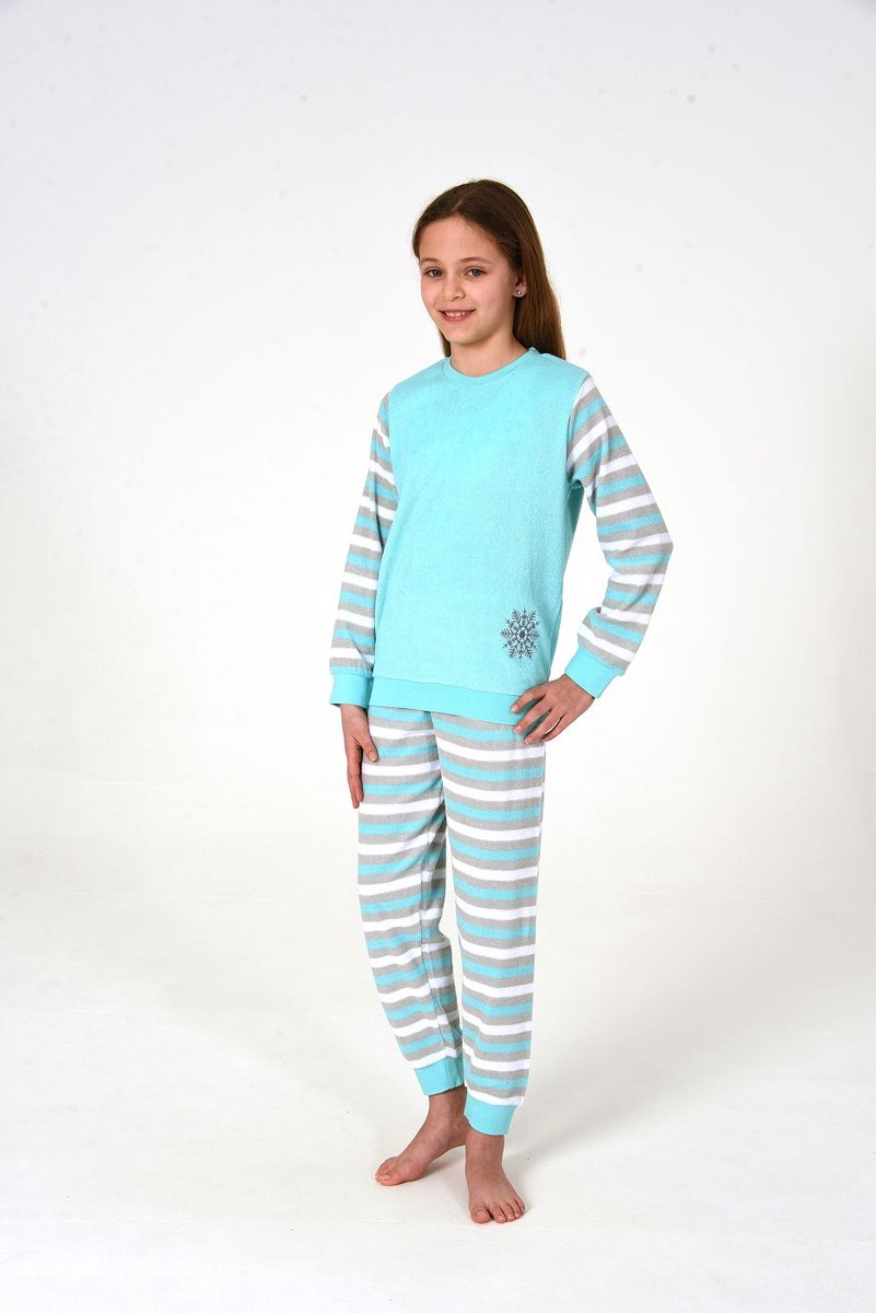 Normann Meisjespyjama, badstof pyjama met manchetten en een schattig motief - gestreepte look mint