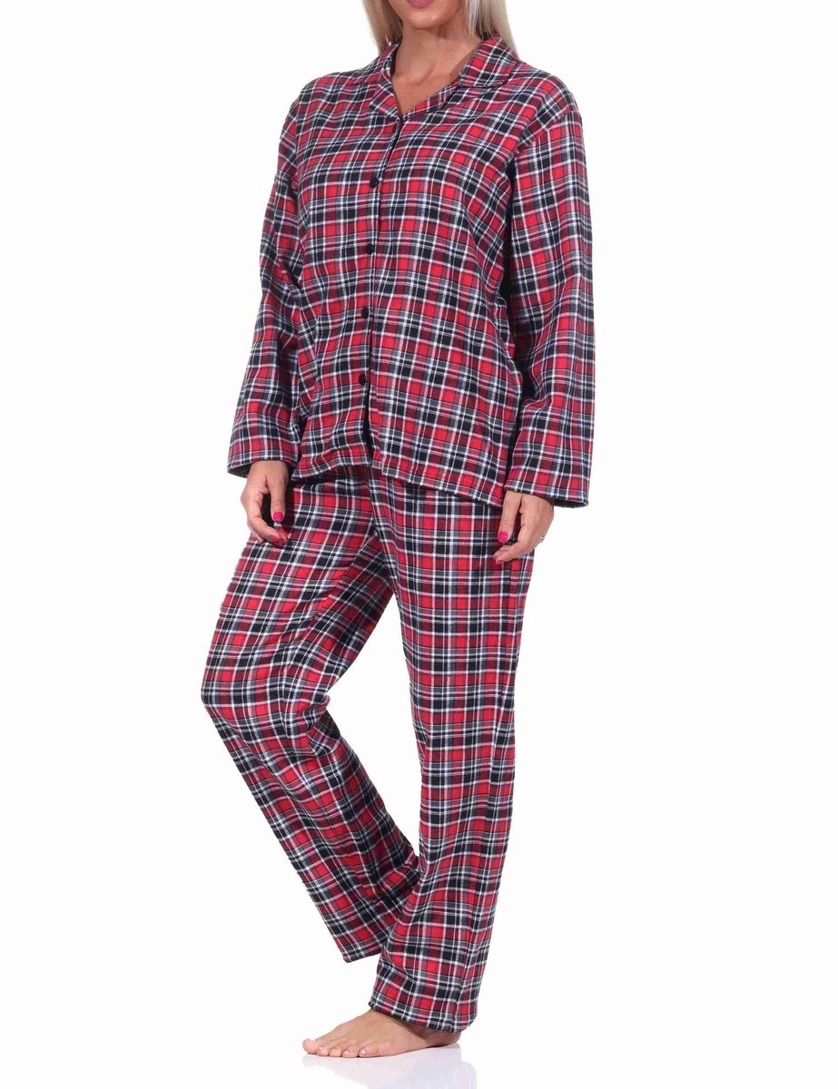 Normann Dames flanellen pyjama plaid met knoopsluiting en overhemdkraag - 222 201 15 870 rot