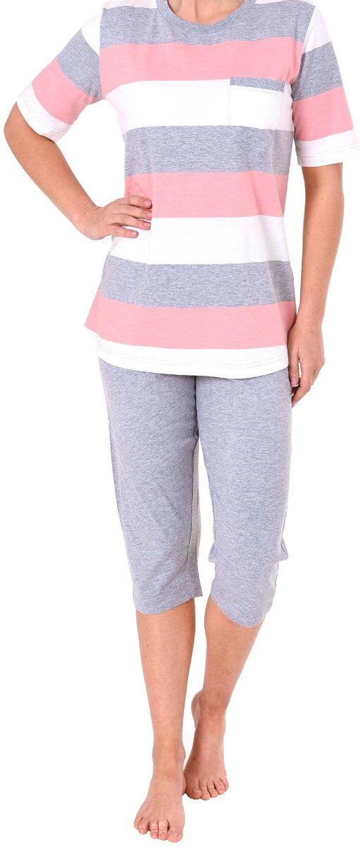 Normann Dames pyjama korte mouw met capri broek in grote blokstreep look - ook in overmaten rosa