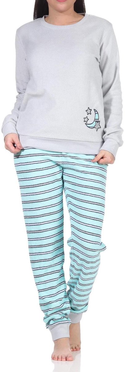 Normann Badstof pyjama voor dames met manchetten - gestreepte broek, topje met maantjesapplicatie grau
