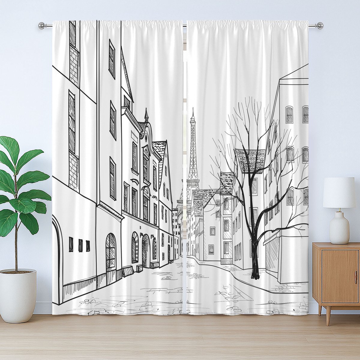 ABAKUHAUS Rustiek gordijn met Eiffeltoren, Parijse straatkunst, geplooid gordijn met lussen en haken voor de slaapkamer, 280 x 175 cm, wit zwart