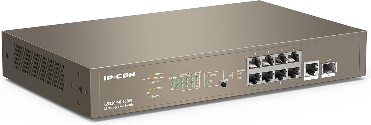 Managed L3 PoE Switch met 8 Gigabit Poorten, 1 Uplink en SFP Slot