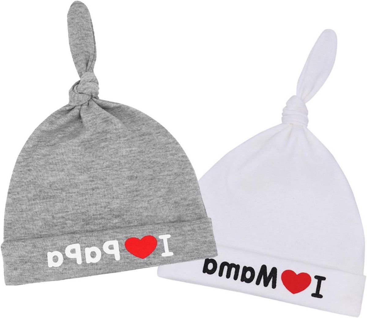 Pasgeboren babymutsen met I Love Mama & I Love Papa opdruk, 0-6 maanden - Unisex katoenen mutsen voor baby - Baby cadeau voor babyborrel en Kerstmis (2 stuks) - Grijs, maat 6 maanden