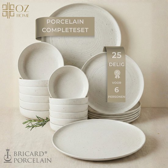Service de table OZ HOME Bricard Vertou 25 pièces Porcelaine – 6 personnes – Blanc mat avec mouchetures subtiles – Empilable – Résistant au lave-vaisselle, micro-ondes et four