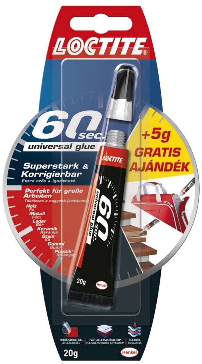 Loctite 60 Sec Universele Lijm – 15 + 5 g – Sneldrogend in 60 Seconden – Extra Sterk & Transparant – Oplosmiddelvrij 1 Stuks [H2002165]
