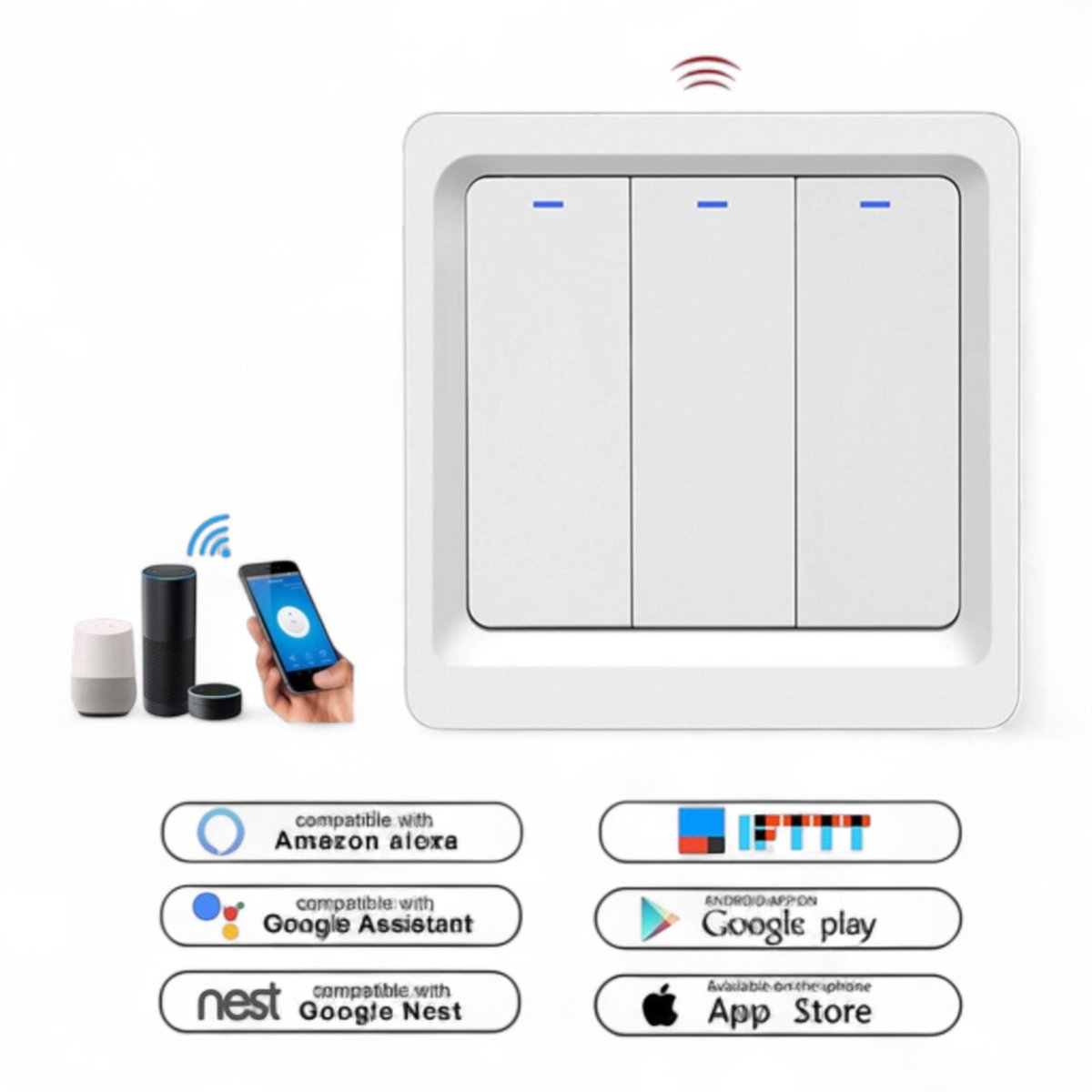 Slimme Inbouw Schakelaar | 3-voudig | Wifi | Handmatig en App |Instelbare schema's | Controleverlichting | Google home | Tuya Smart Life | Wit