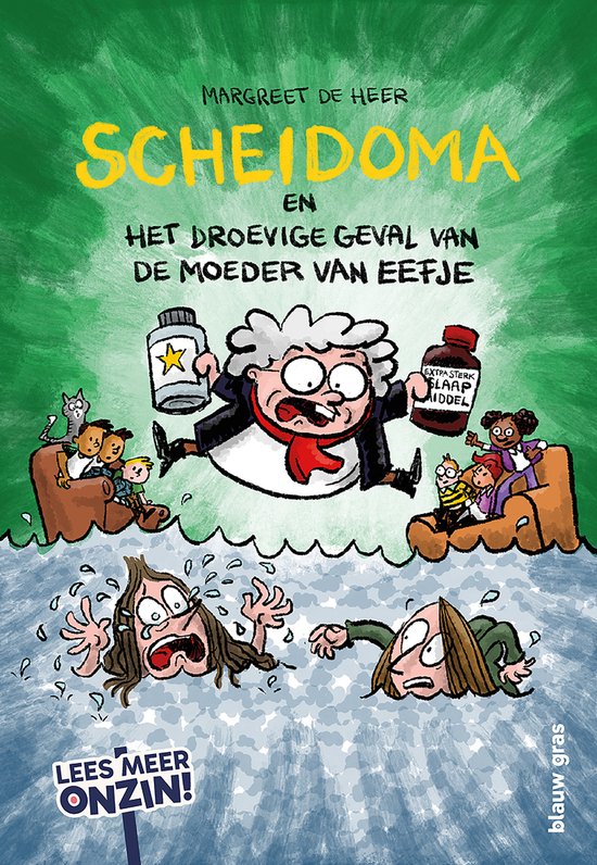 Boekcover met titel Scheidoma en het droevige geval van de moeder van Eefje. Een vrouw met rode sjaal vliegt met slaappillen en een flesje. Twee personen vallen in het water, twee kinderen zitten in stoelen.