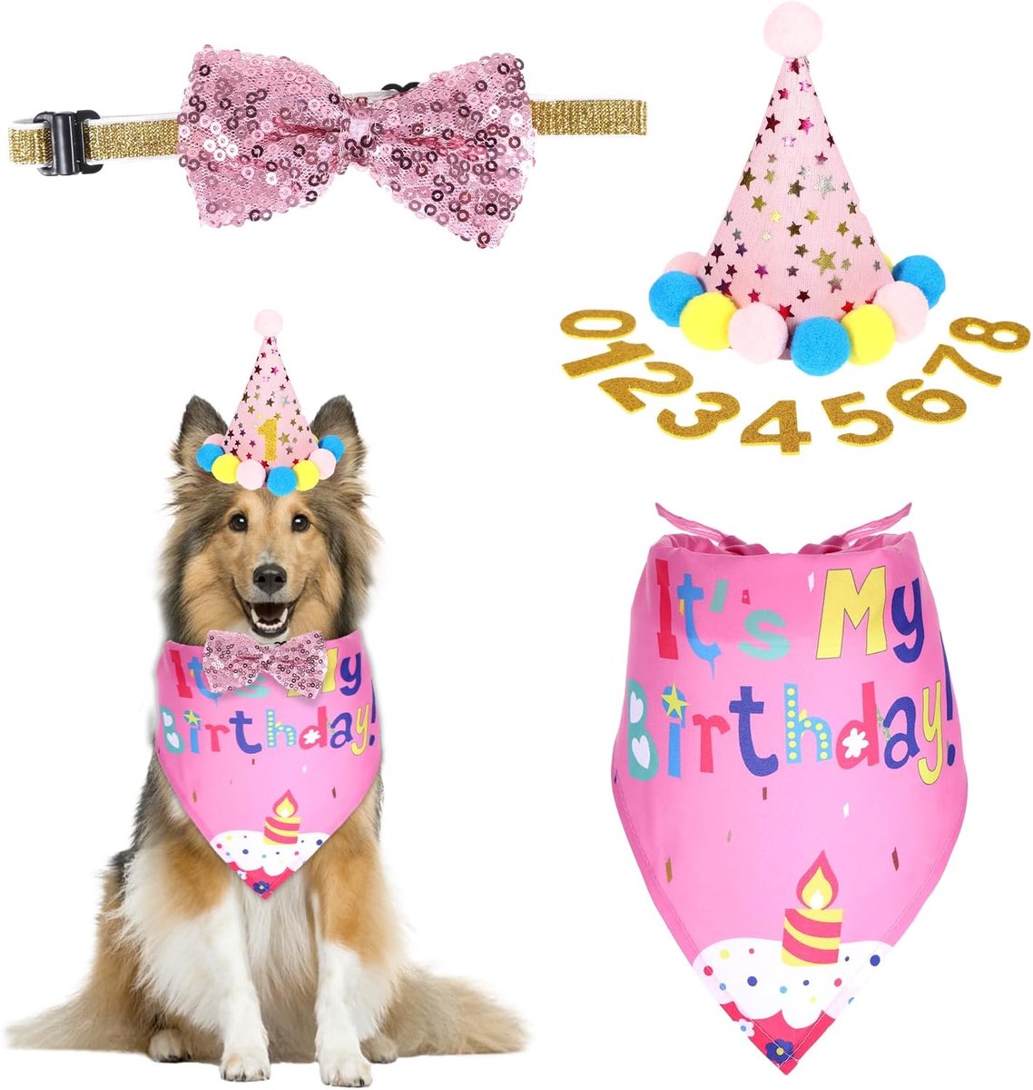 Hondenverjaardagsaccessoireset Roze - Hoed, Halsdoek, Strik en 8 Glittercijfers