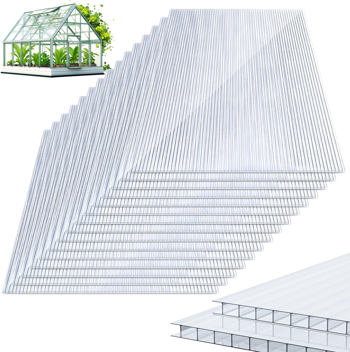 15x Polycarbonaat Dubbelwandige Plaat 8mm Transparant voor Broeikas en Tuin (60,5x121 cm)