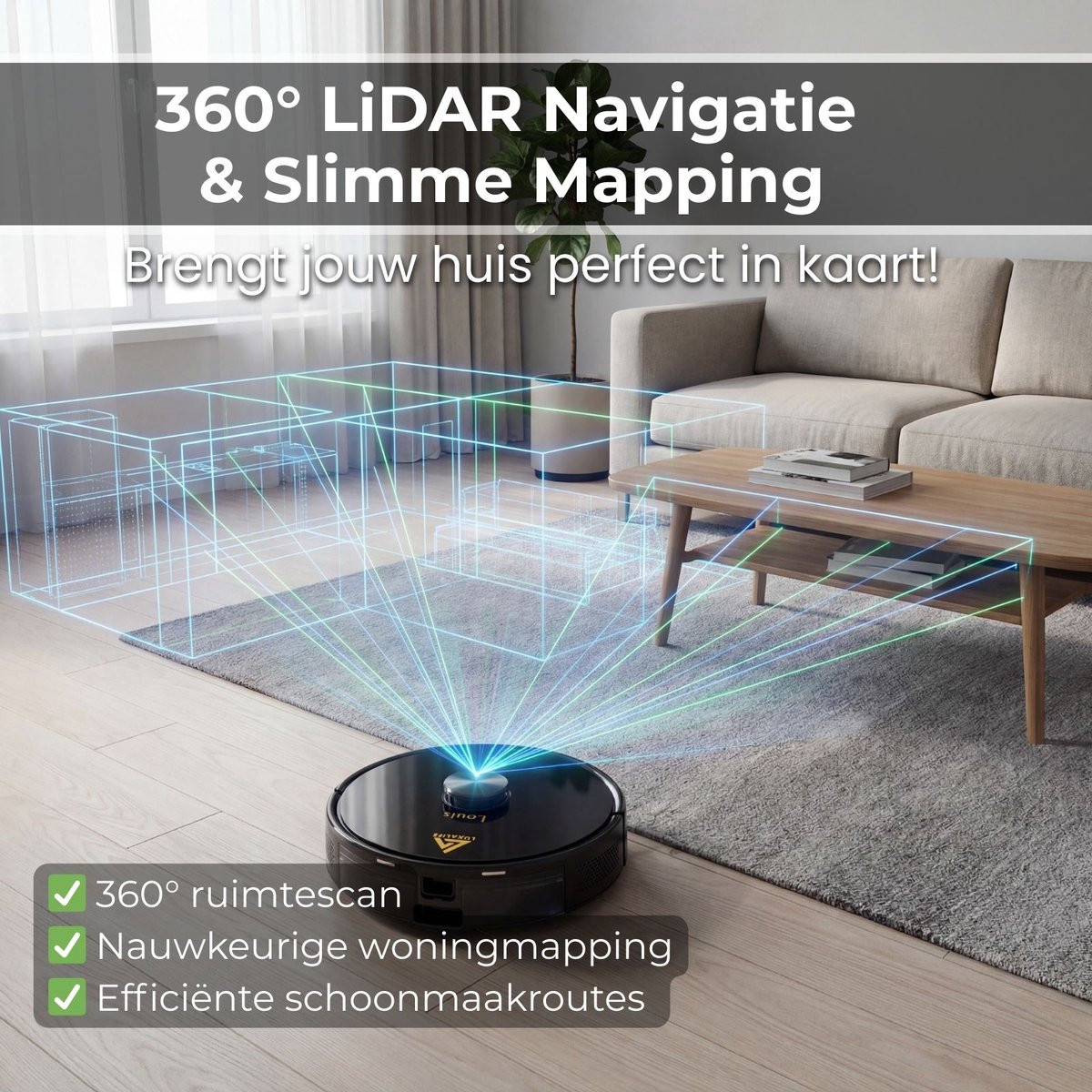 LuxaLife Louis V1 Robotstofzuiger met Dweilfunctie en Leegstation – 10.000 Pa Zuigkracht – LiDAR Navigatie – Y-Shape Dweilen – Nederlandse App – Geschikt voor Tapijt — afbeelding 5
