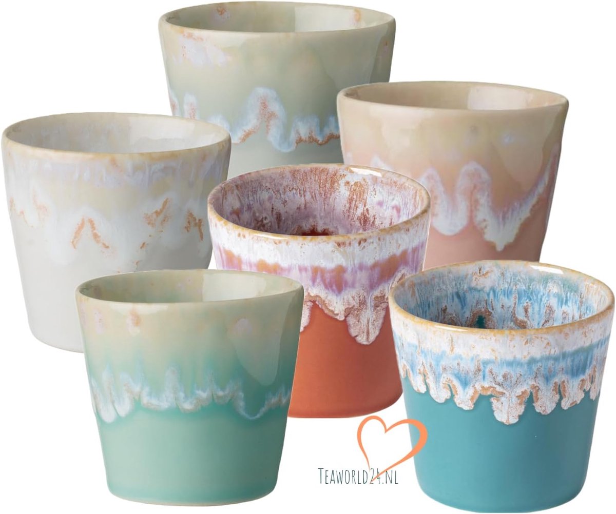 Espresso Kopjes Set van 6 - Stoneware Aardewerk Kop en Schotel - Assorti Kleuren